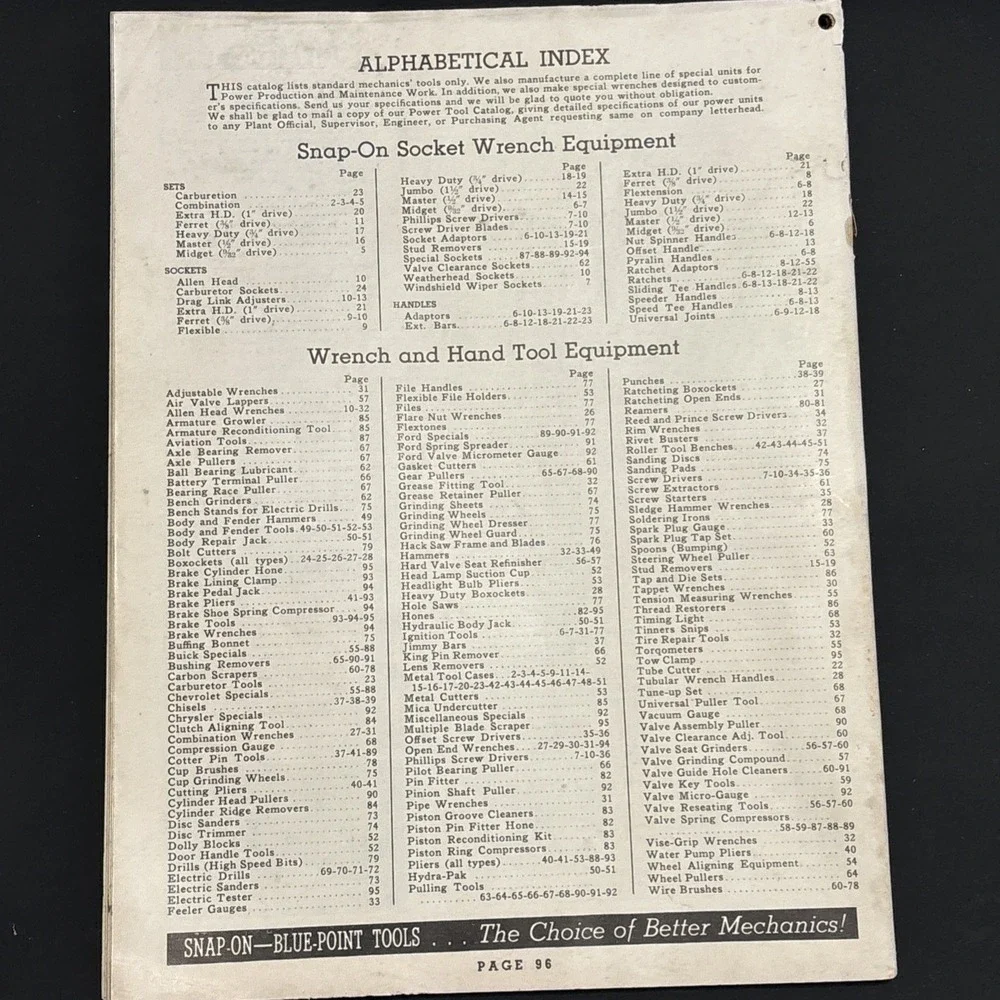 Vintage 1942 Snap On Catalog Blue Point Tools Catalog P WWII Era 96 Pages